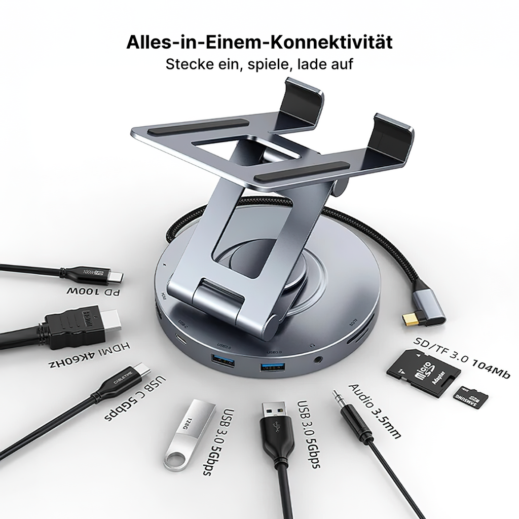 Aluminium 8-in-1 USB-C-Hub mit faltbarem 360° drehbarem Ständer und 4K HDMI