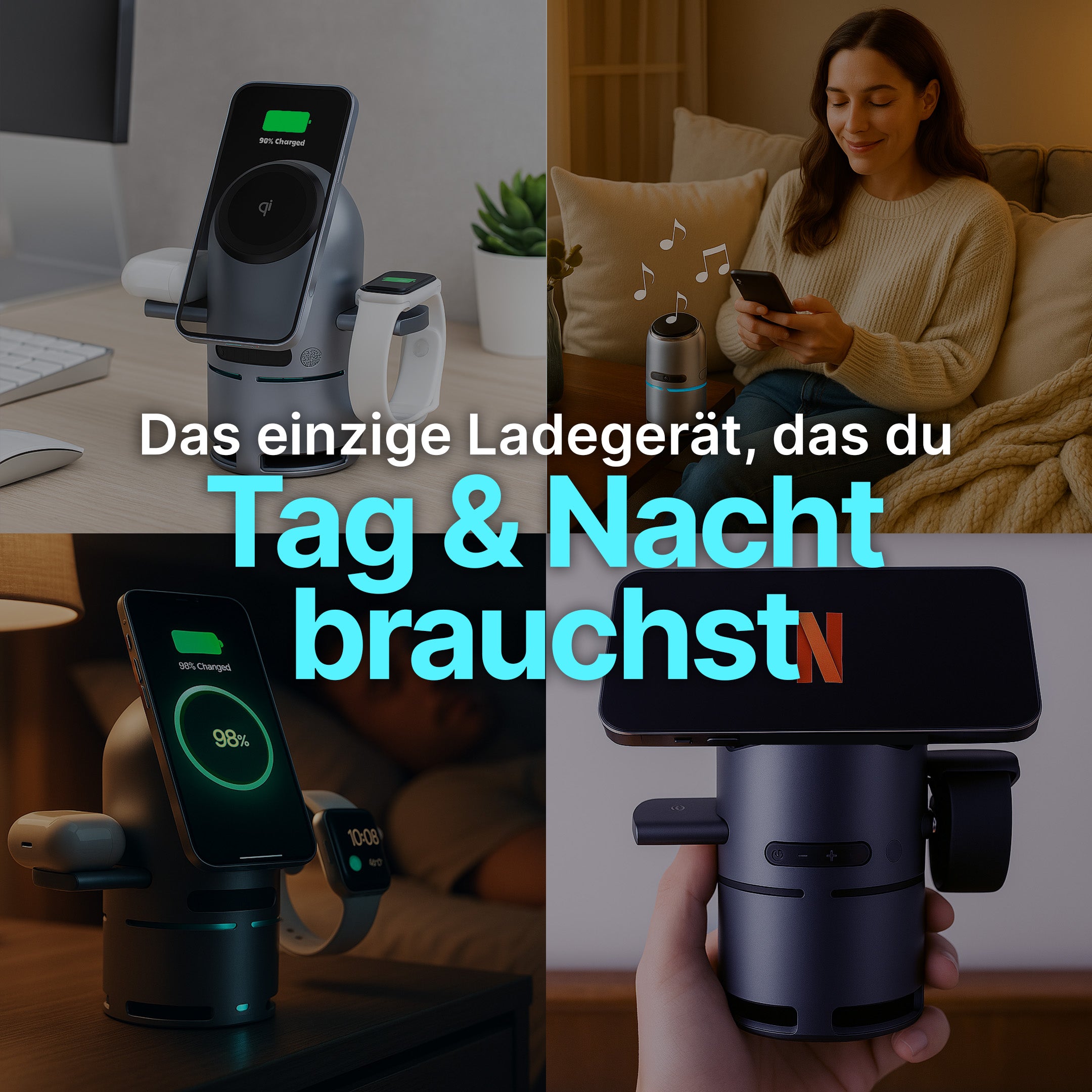 4-in-1 MagSafe Wireless Ladestation mit Bluetooth-Lautsprecher Qi2