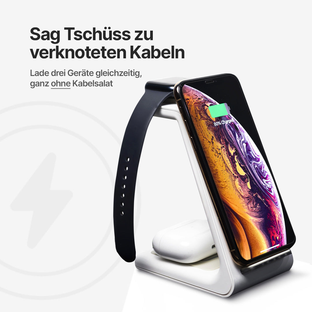BlueBolt 3 in 1 Kabellose Ladestation, Apple, Samsung, Uhr, Airpods