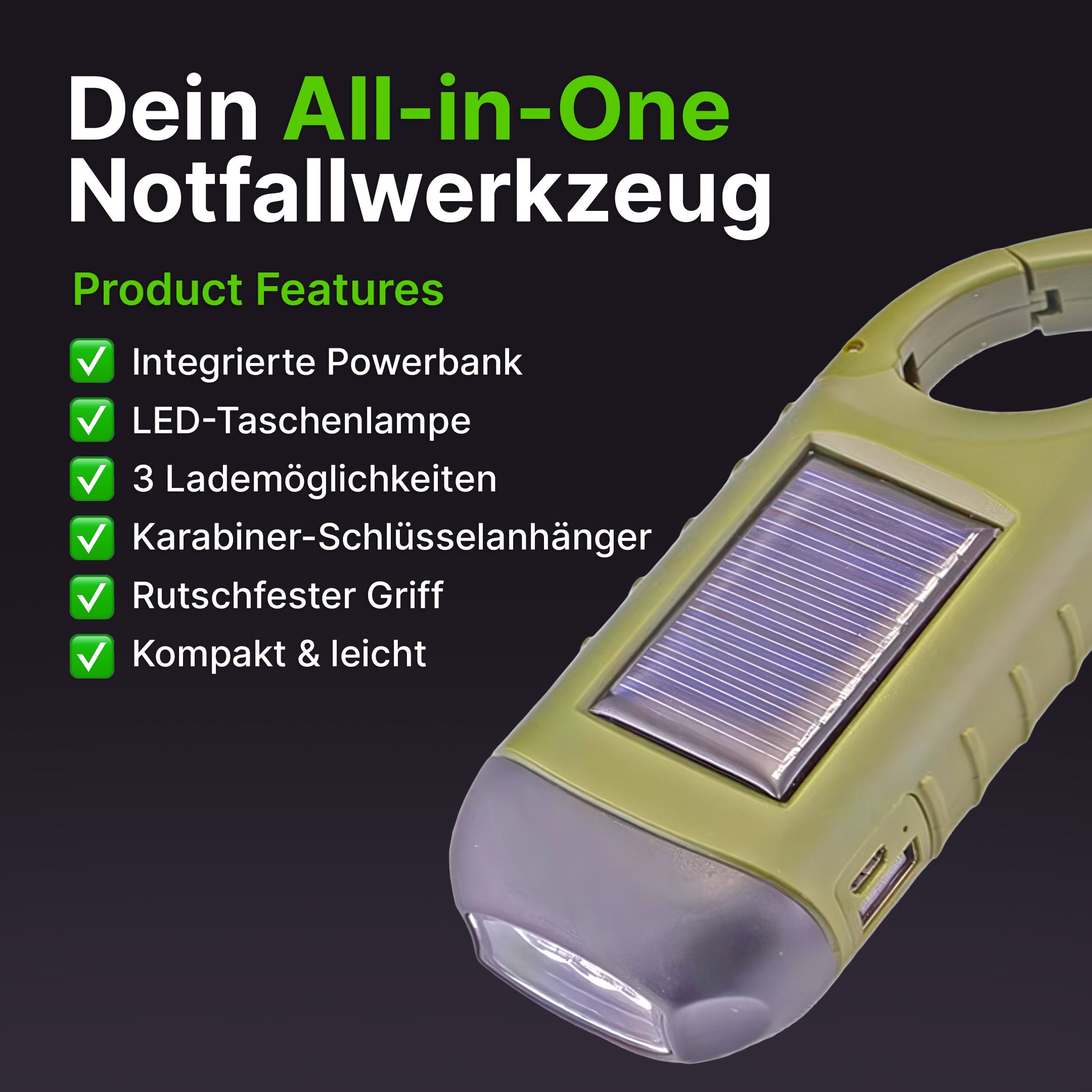 Solarbetriebene Handkurbel-Taschenlampe mit integrierter Powerbank
