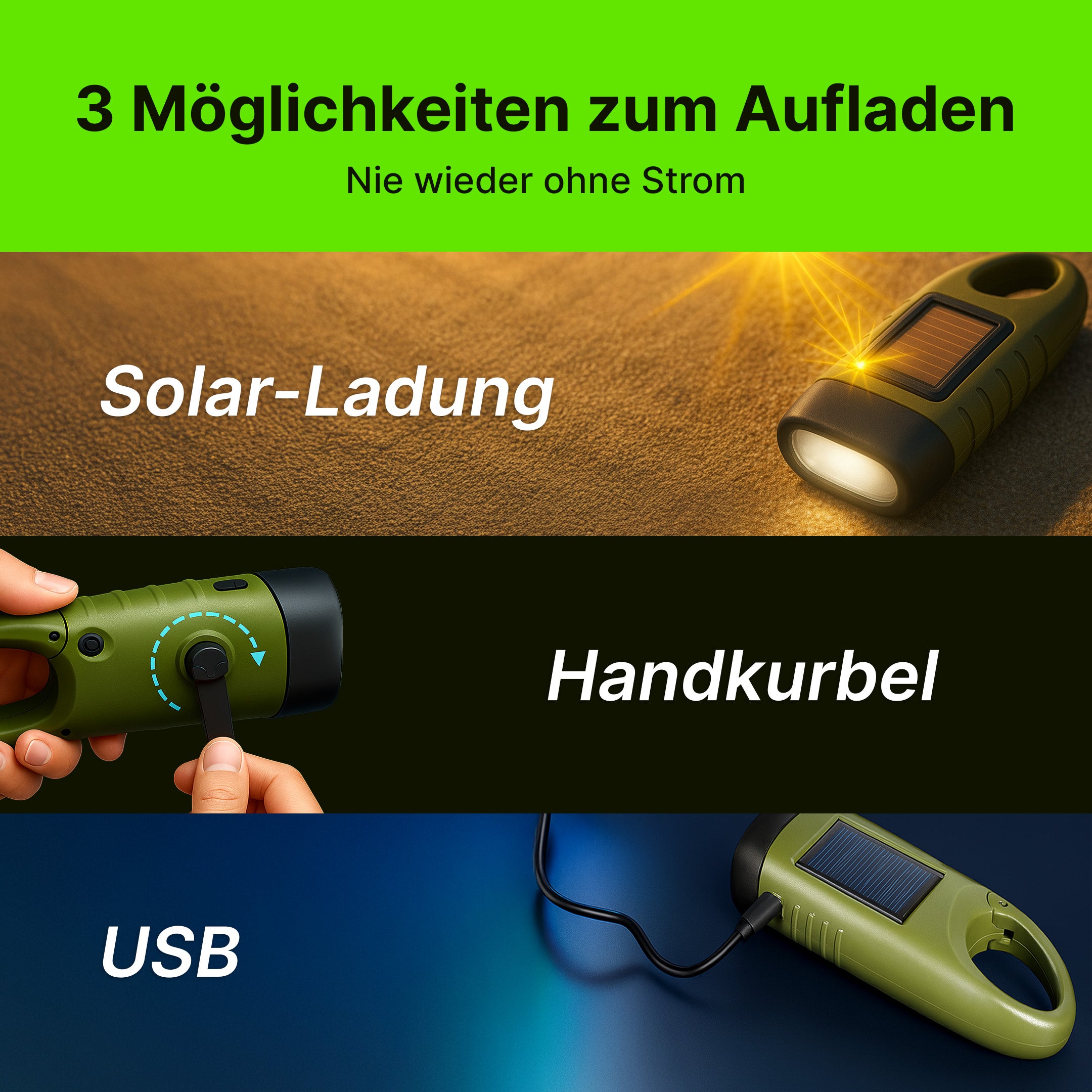 Solarbetriebene Handkurbel-Taschenlampe mit integrierter Powerbank