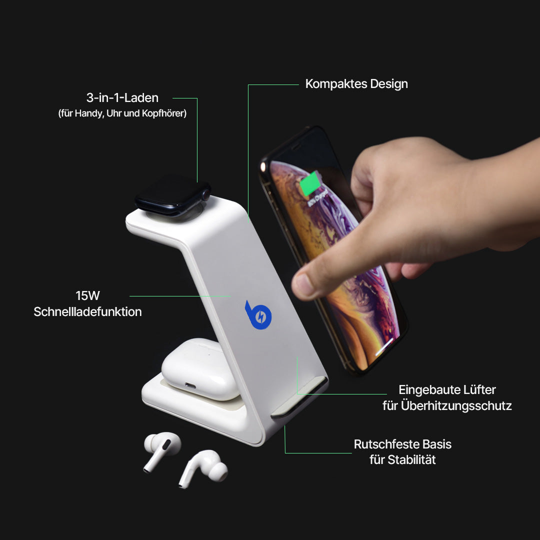 BlueBolt 3 in 1 Kabellose Ladestation, Apple, Samsung, Uhr, Airpods