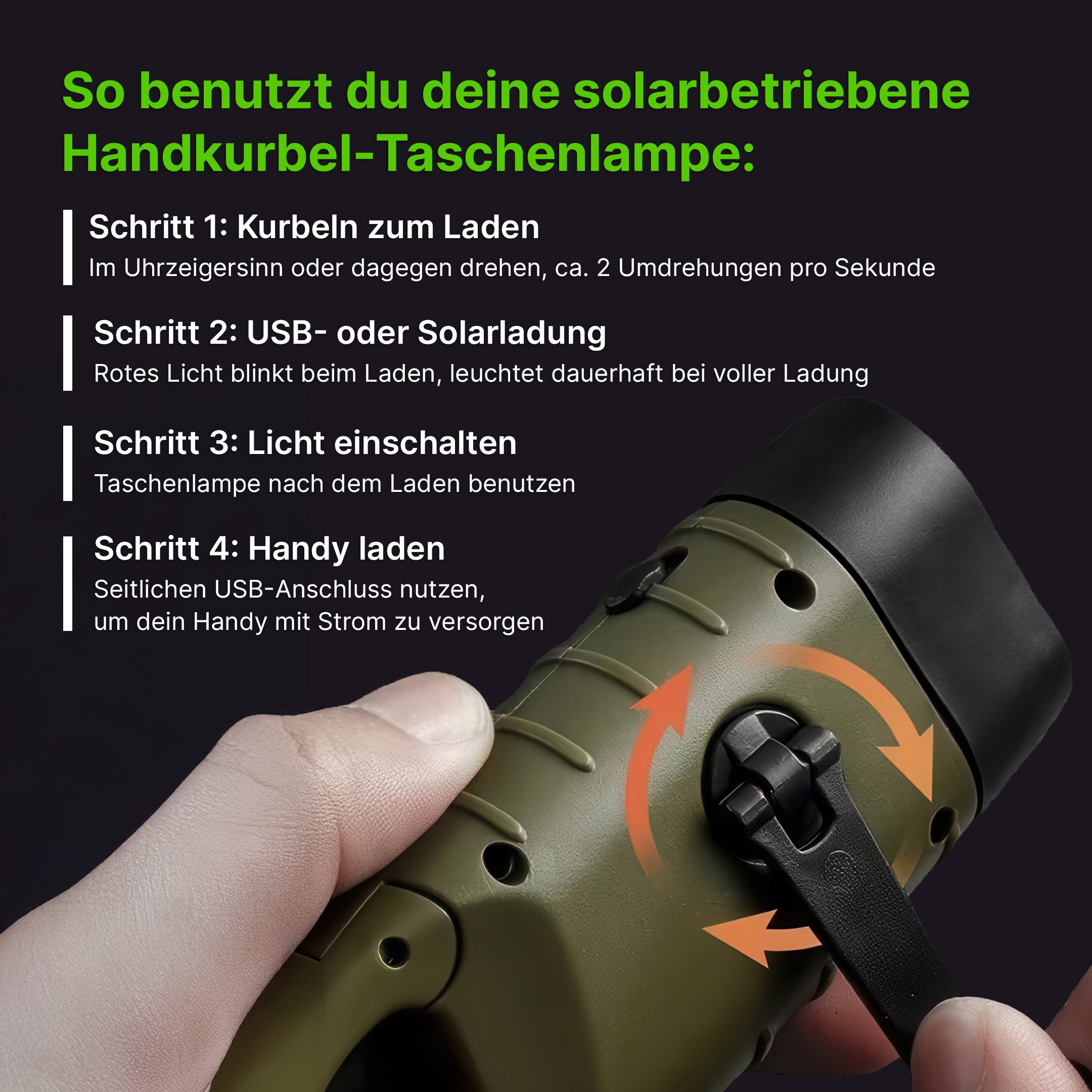 Solarbetriebene Handkurbel-Taschenlampe mit integrierter Powerbank
