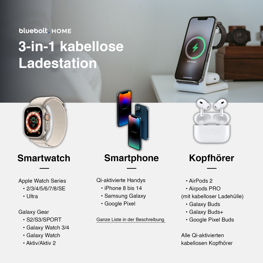 BlueBolt 3 in 1 Kabellose Ladestation, Apple, Samsung, Uhr, Airpods